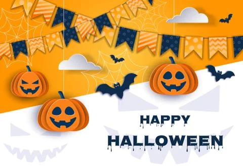 Halloween background with pumpkins and bats in paper style, 3D halloween Stock Illustration