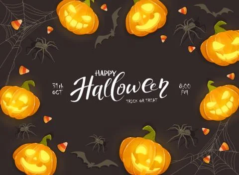 Halloween Background with Pumpkins and Candy on Black Background Stock Illustration
