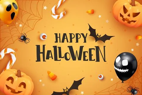 Halloween background with pumpkins, bats, candy, balloons, spider webs and fe Stock Illustration