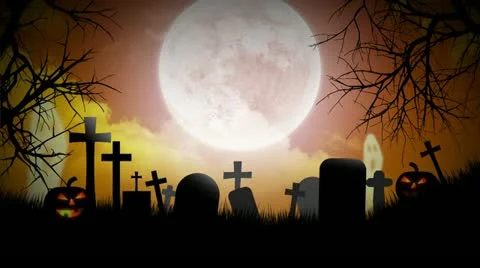 Halloween Background with pumpkins, moon, ghosts and graveyard Video stock 11666343