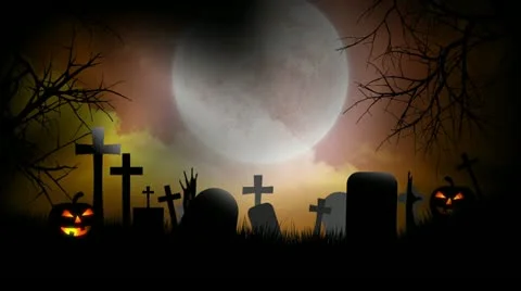 Halloween Background with pumpkins, moon, zombie hands and graveyard Video stock 11666232