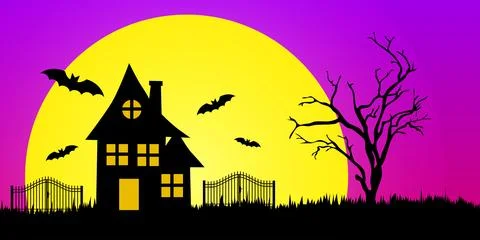 Halloween background with pumpkins, trees ,bats and spider web Stock Illustration