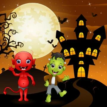 Halloween background with red devil and frankenstein Stock Illustration