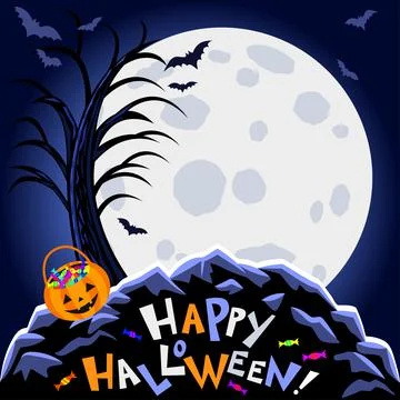 Halloween background. Scary tree, big moon and halloween pumpkin bag, candies Stock Illustration