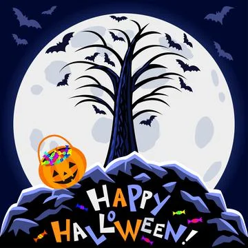 Halloween background. Scary tree, big moon and halloween pumpkin bag, candies Stock Illustration