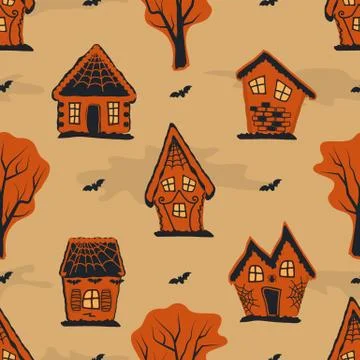 Halloween background. Seamless autumn pattern. Spooky village Stock Illustration