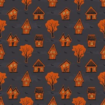 Halloween background. Seamless autumn pattern. Spooky village Stock Illustration