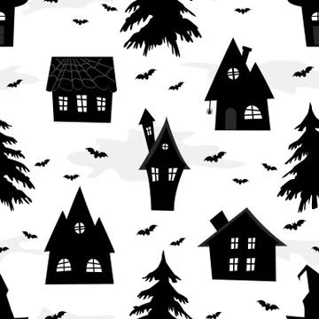 Halloween background. Seamless pattern. Spooky village Stock Illustration
