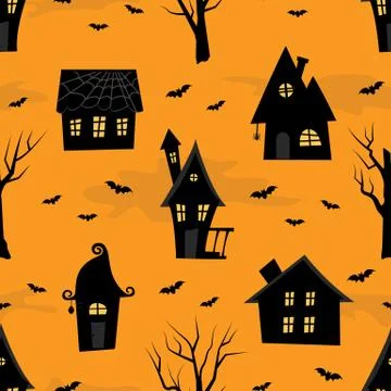 Halloween background. Seamless pattern. Spooky village Stock Illustration
