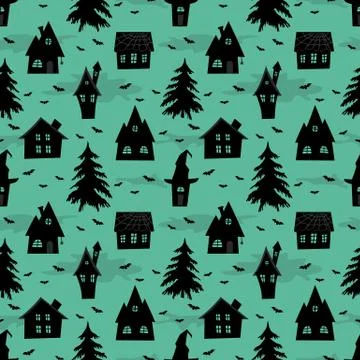 Halloween background. Seamless pattern. Spooky village Stock Illustration