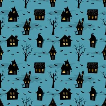 Halloween background. Seamless pattern. Spooky village Stock Illustration