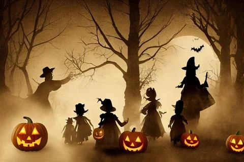 Halloween background with silhouettes of children trick or treating Stock Illustration