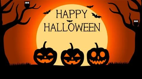 Halloween Background with silhouettes of pumpkins under full moon Illustrazione stock