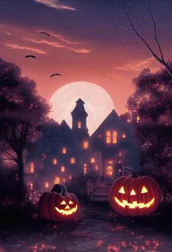 Halloween background of smiling jack-o-lanterns in front of spooky house, dig Stock Illustration