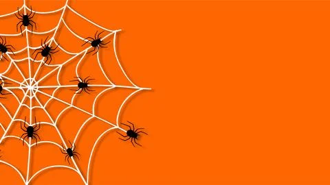 Halloween background with spider web and black spiders on bright orange bac.. 库存插图
