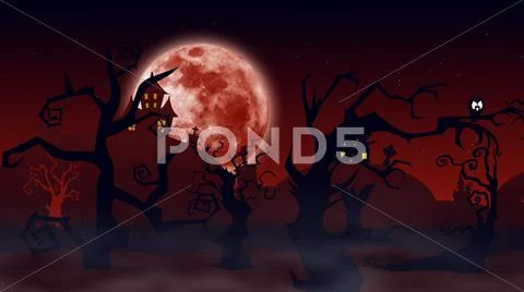 Halloween background. Spooky forest with dead trees and flying bats and the f Stock Illustration