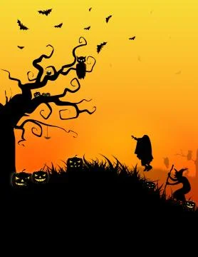 Halloween background. Spooky forest with dead trees and pumpkins and wooden t Stock Illustration