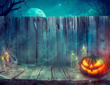 Halloween background. Spooky pumpkin on table. Halloween design with pumpkins Stock Illustration