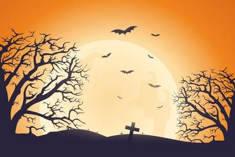Halloween background, spooky tree, bat and cementery with moonlight on oran.. 스톡 일러스트