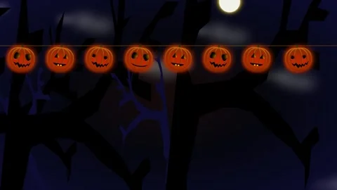Halloween background template with hanging pumpkin garland and spooky forest Stock Footage 339307041