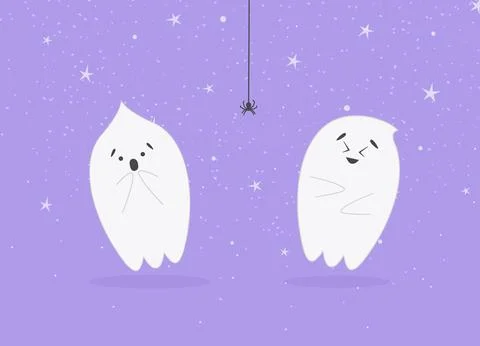 Halloween background with two ghost and black spider. Cartoon characters for  Stock Illustration