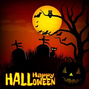 Halloween background vector design with pumpkin,bat and full moon Stock Illustration