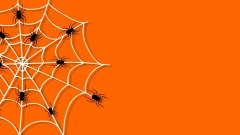Halloween background with white spider web and black spiders on orange back.. Video stock 345124656