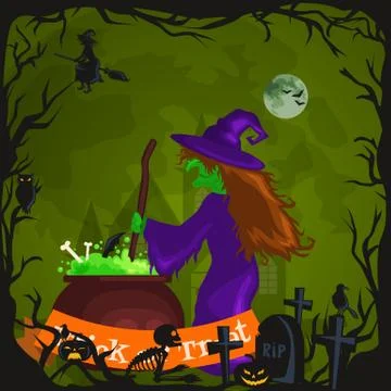 Halloween background. Witch brews a potion in cauldron. Illustrazione stock