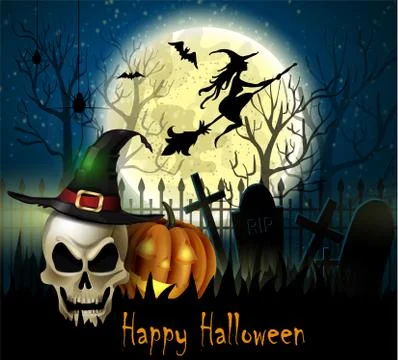 Halloween background of Witch on the full moon Stock Illustration