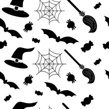 Halloween background with witch hat and broom, spider web with bat and spider. Stock Illustration