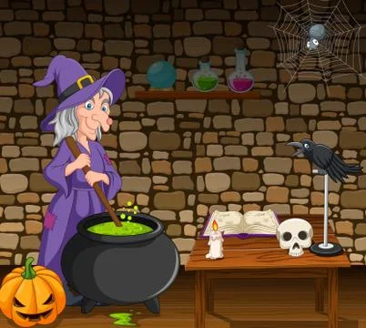 Halloween background with witch stirring magic potion Stock Illustration