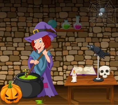 Halloween background with witch stirring magic potion Stock Illustration