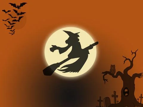 Halloween background with witch, tree, owl, and graveyard. Stock Illustration