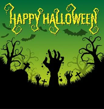 Halloween background with zombies hand and bat Stock Illustration