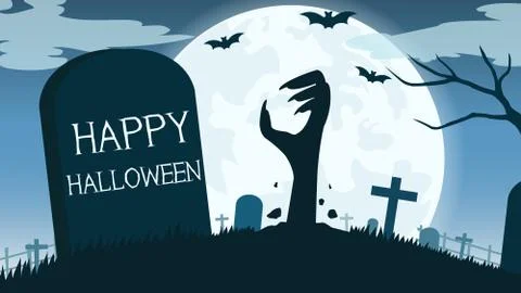 Halloween background with zombies hand in graveyard and the full moon - Vector i Stock Illustration