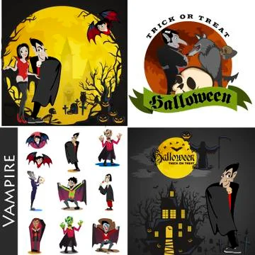Halloween backgrounds set with vampire and their castle under full moon and Stock Illustration