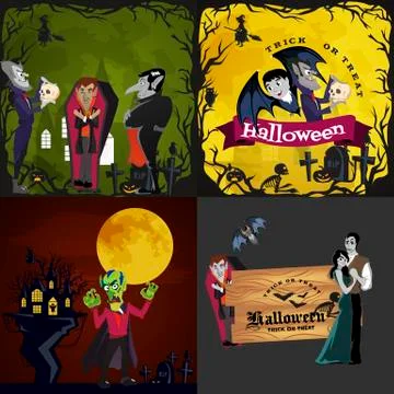 Halloween backgrounds set with vampire and their castle under full moon and Stock Illustration