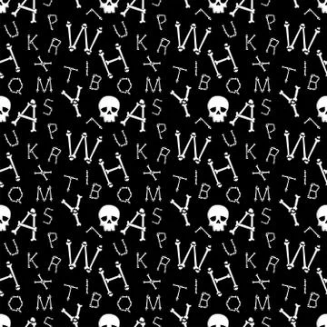 Halloween background.Seamless vector pattern with bones scary font latin alph Stock Illustration