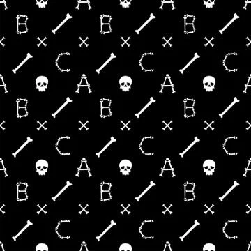 Halloween background.Seamless vector pattern with bones scary font latin alph Stock Illustration