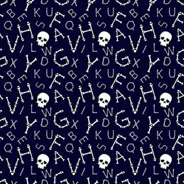 Halloween background.Seamless vector pattern with bones scary font latin alph Stock Illustration