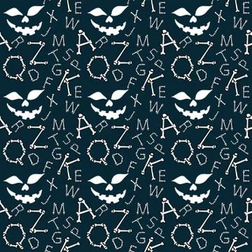Halloween background.Seamless vector pattern with bones scary font latin alph Stock Illustration
