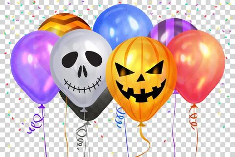 Halloween Balloons. Ghost, Pumpkin, Skeleton  and colorful confetti. Stock Illustration