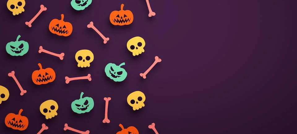 Halloween banner background with pumpkins, bones, skulls and copy space in 3D Stock Illustration