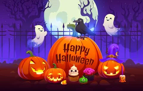 Halloween banner, funny ghosts, lantern pumpkins Stock Illustration