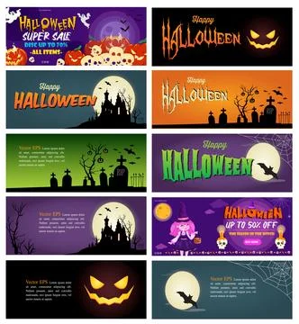 Halloween banner set with pumpkin ghost graveyard and witch Stock Illustration