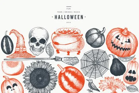 Halloween banner template. Vector hand drawn illustrations. Design with pumpk Stock Illustration