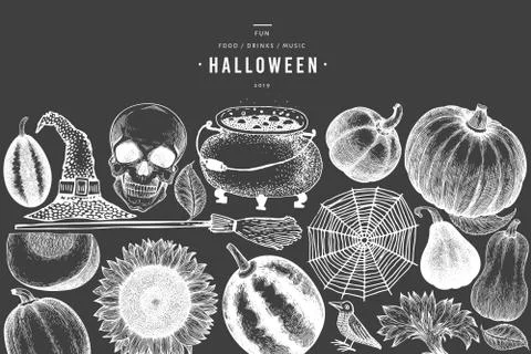 Halloween banner template. Vector hand drawn illustrations on chalk board. De Stock Illustration