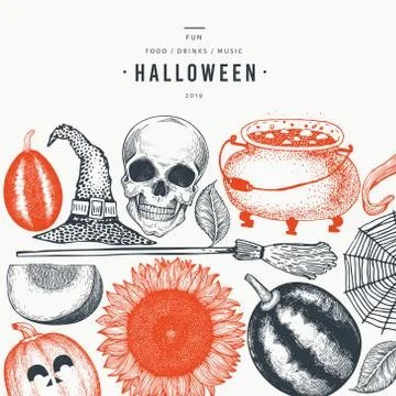 Halloween banner template. Vector hand drawn illustrations. Design with pumpk Stock Illustration