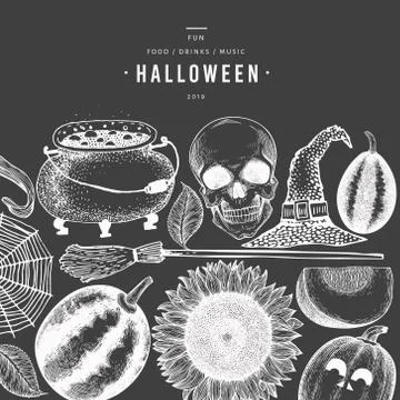 Halloween banner template. Vector hand drawn illustrations on chalk board. De Stock Illustration