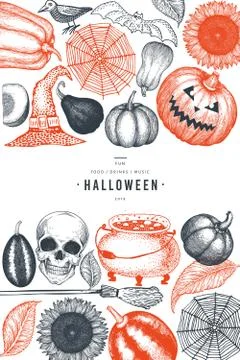 Halloween banner template. Vector hand drawn illustrations. Design with pumpk Stock Illustration